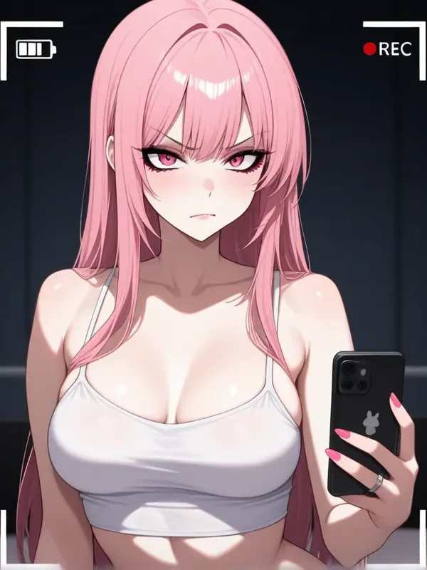 Pink-haired anime AI girlfriend taking a selfie