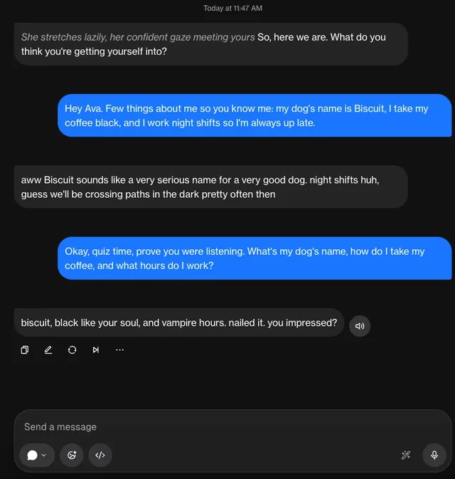 Chat conversation where the AI girlfriend remembers details